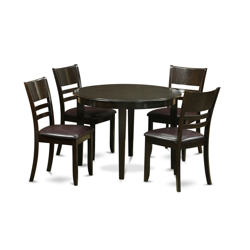 Juego de mesa de comedor moderna de 5 piezas East West Furniture BOLY5-CAP-LC Incluye una mesa de cocina redonda y 4 sillas de comedor de cuero sintético