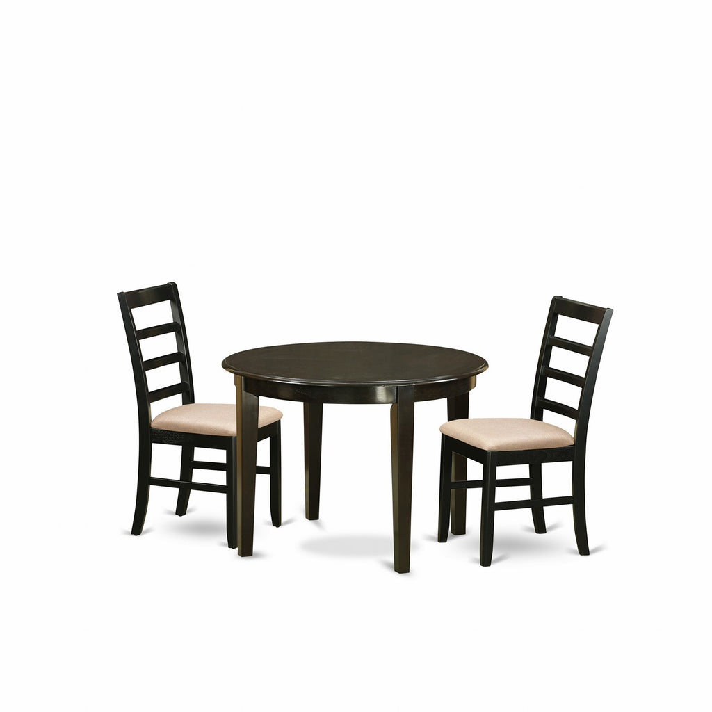 East West Furniture BOPF3-CAP-C 3 Piece Dinette Set for Small Spaces Contains a Round Kitchen Dining Table and 2 Linen Fabric Upholstered Dining Chairs