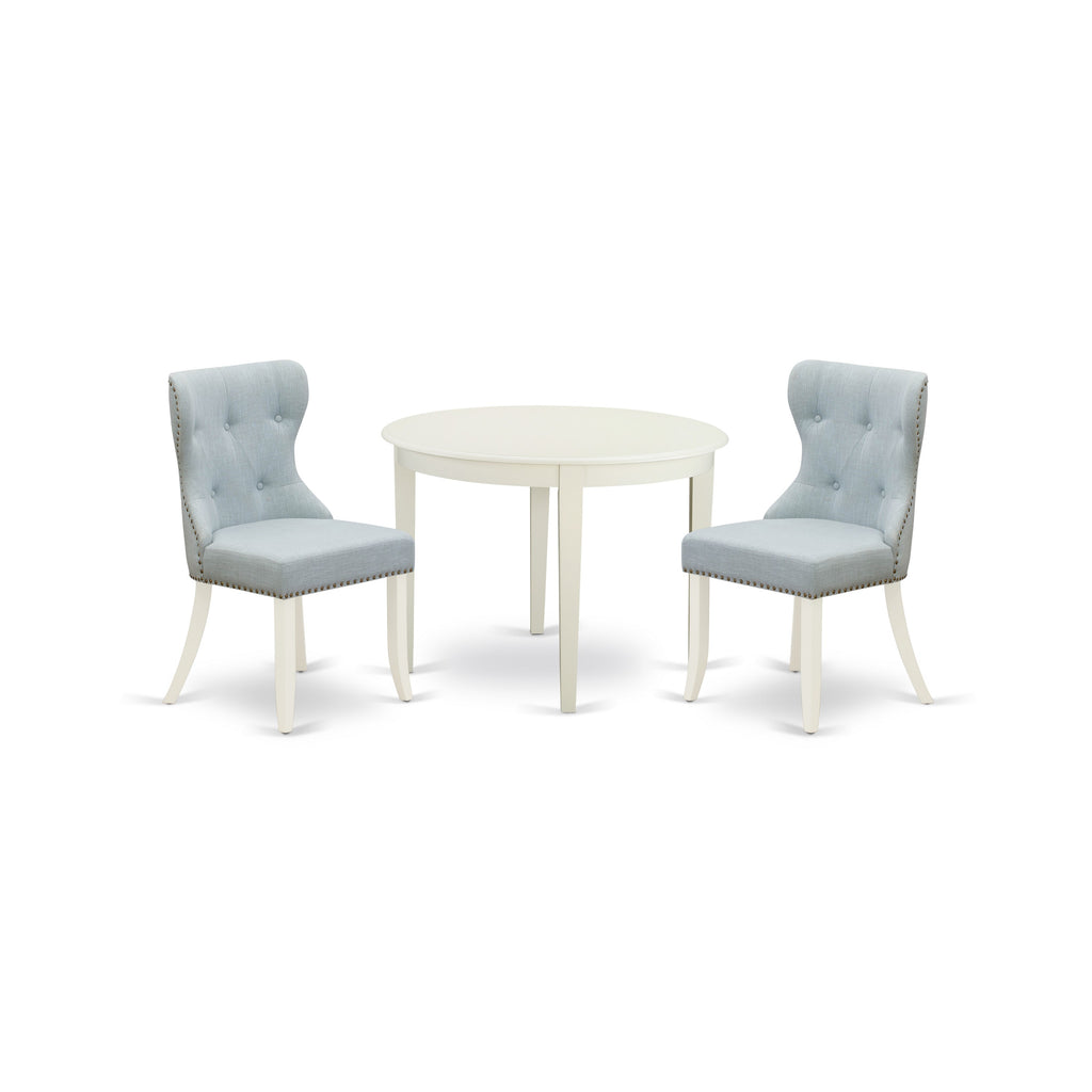 East West Furniture BOSI3-WHI-15 3 Piece Dining Table Set for Small Spaces Contains a Round Kitchen Table and 2 Baby Blue Linen Fabric Parson Dining Chairs