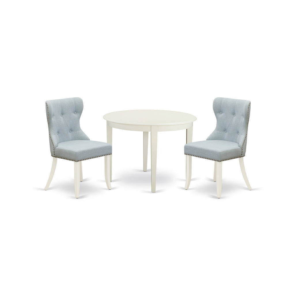 East West Furniture BOSI3-WHI-15 3 Piece Dining Table Set for Small Spaces Contains a Round Kitchen Table and 2 Baby Blue Linen Fabric Parson Dining Chairs, 42x42 Inch, Linen White