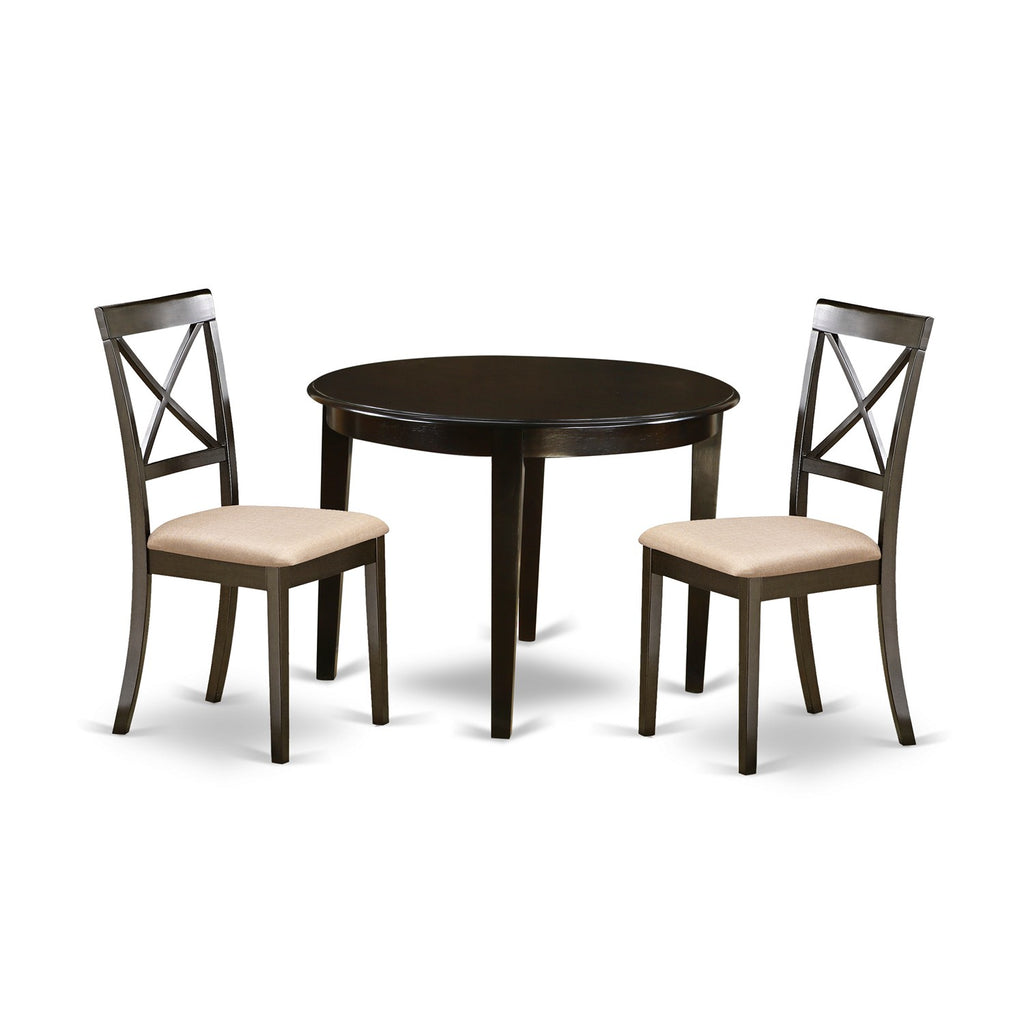East West Furniture BOST3-CAP-C 3 Piece Kitchen Table Set for Small Spaces Contains a Round Dining Room Table and 2 Linen Fabric Upholstered Dining Chairs