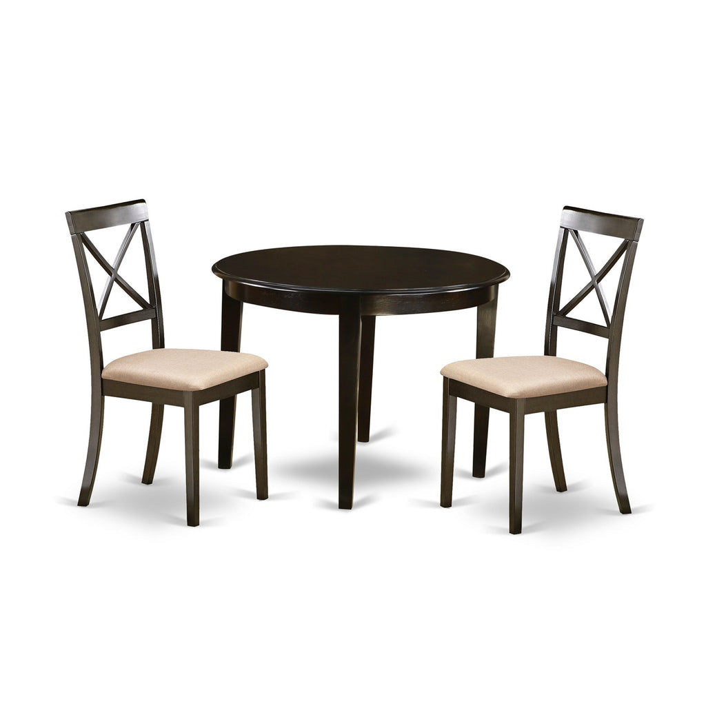 East West Furniture BOST3-CAP-C 3 Piece Kitchen Table Set for Small Spaces Contains a Round Dining Room Table and 2 Linen Fabric Upholstered Dining Chairs, 42x42 Inch, Cappuccino