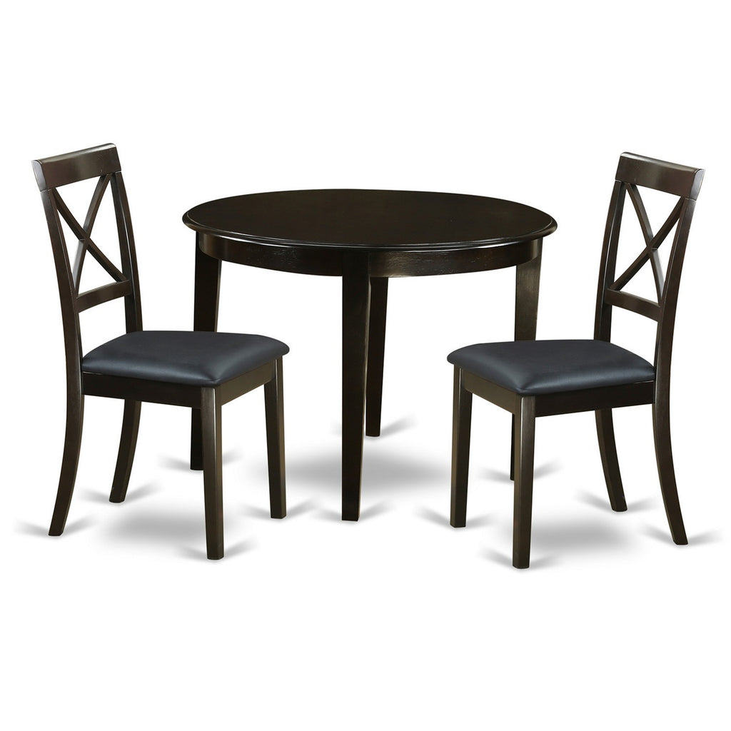 Juego de mesa de comedor moderna de 3 piezas East West Furniture BOST3-CAP-LC que incluye una mesa de cocina redonda y 2 sillas de comedor de piel sintética.
