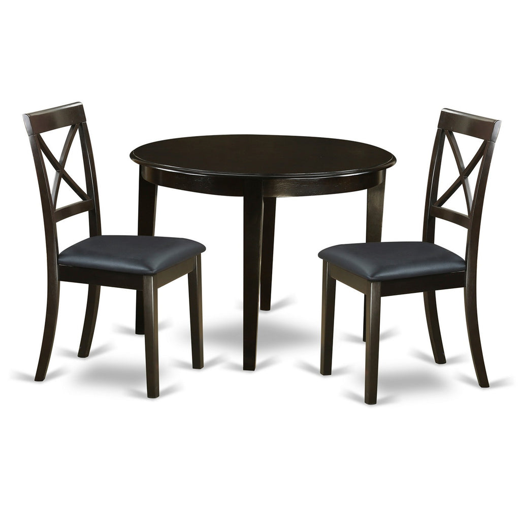 East West Furniture BOST3-CAP-LC 3 Piece Modern Dining Table Set Contains a Round Kitchen Table and 2 Faux Leather Dining Room Chairs, 42x42 Inch, Cappuccino