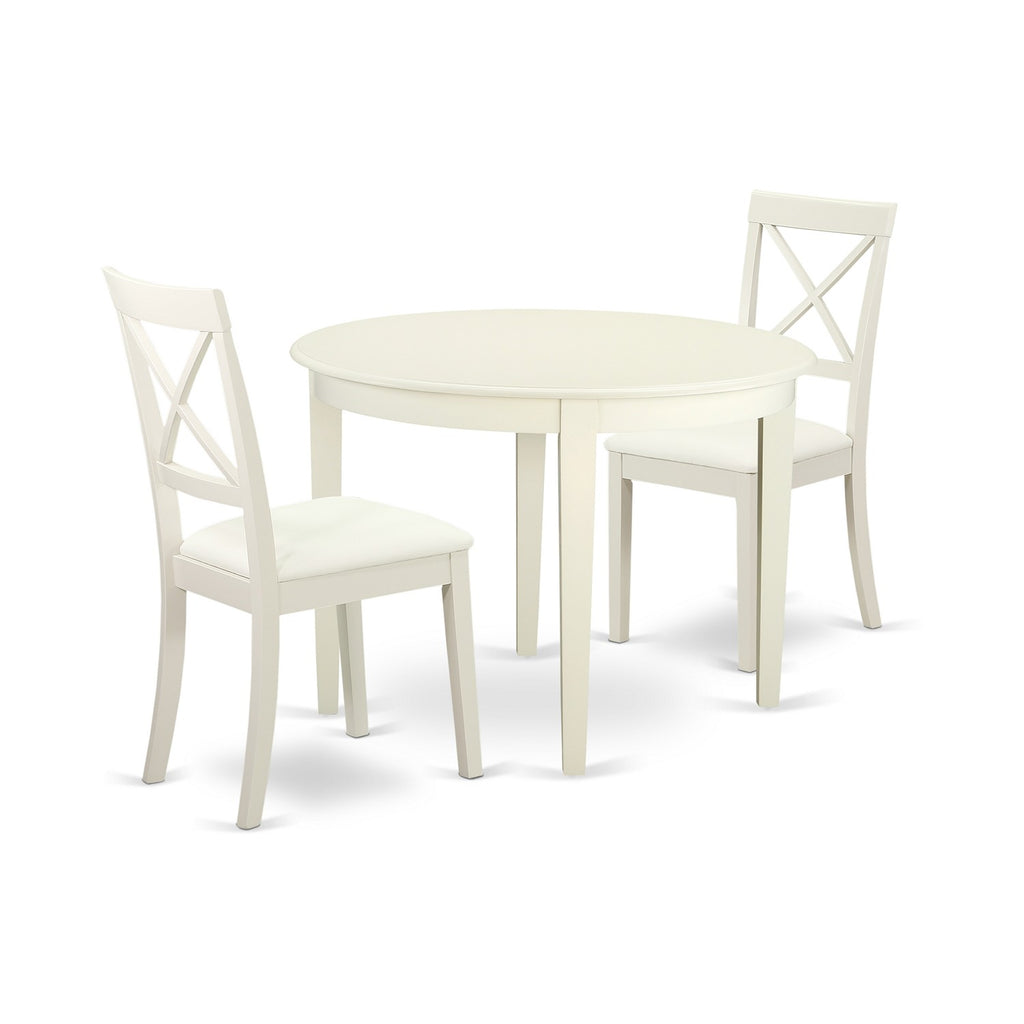 Juego de mesa de comedor moderna de 3 piezas East West Furniture BOST3-LWH-LC que incluye una mesa de cocina redonda y 2 sillas de comedor de cocina de cuero sintético.
