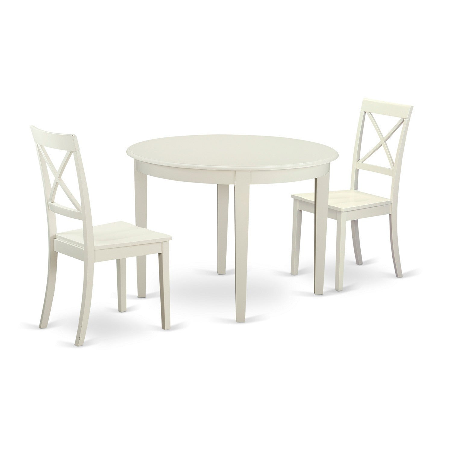 Juego de mesa de cocina de 3 piezas East West Furniture BOST3-WHI-W para espacios pequeños. Contiene una mesa de comedor redonda y 2 sillas con asiento de madera maciza.