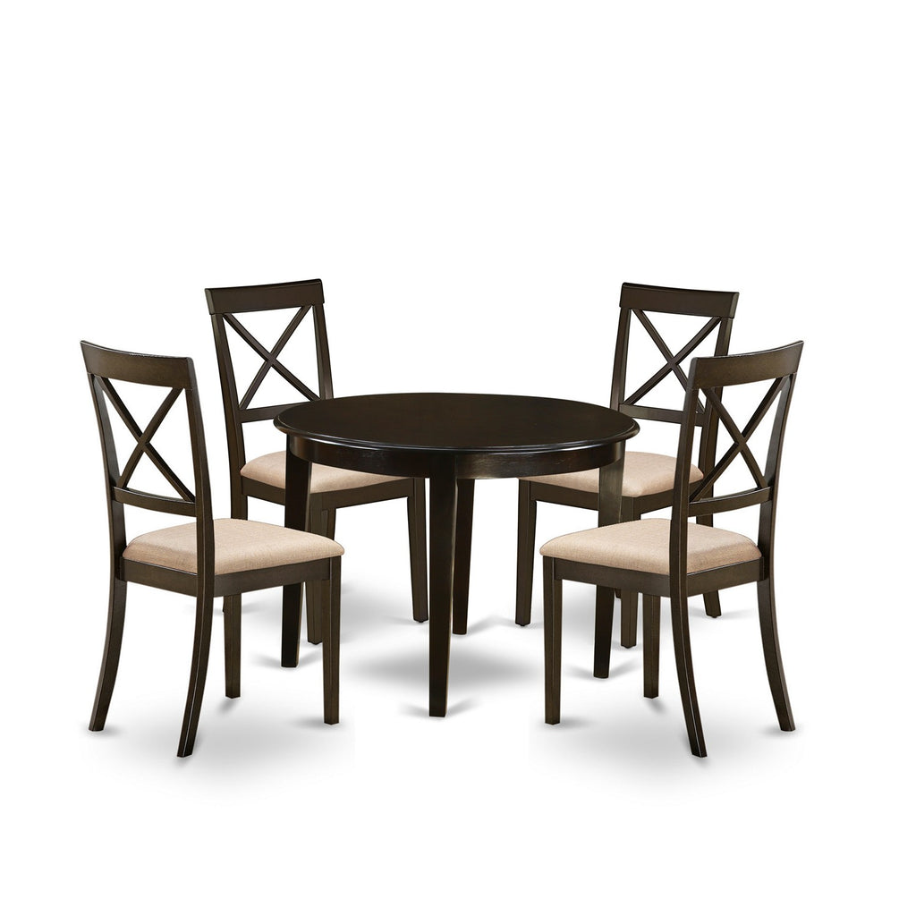 East West Furniture BOST5-CAP-C 5 Piece Dinette Set for 4 Includes a Round Kitchen Table and 4 Linen Fabric Dining Room Chairs