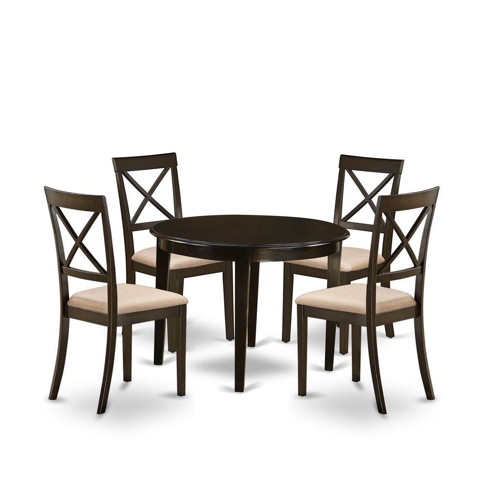 East West Furniture BOST5-CAP-C 5 Piece Dinette Set for 4 Includes a Round Kitchen Table and 4 Linen Fabric Dining Room Chairs, 42x42 Inch, Cappuccino