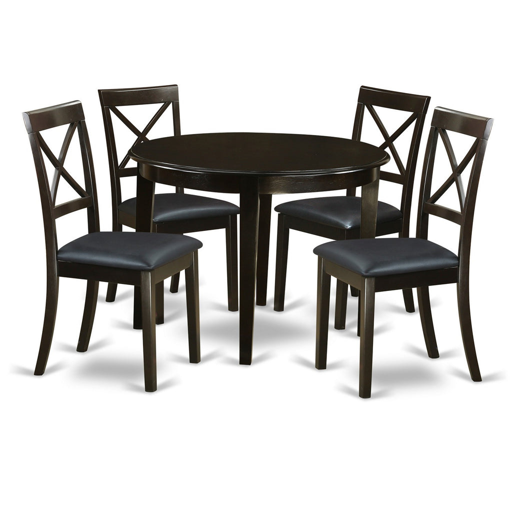 El juego de mesa de comedor de 5 piezas East West Furniture BOST5-CAP-LC incluye una mesa redonda de madera y 4 sillas de comedor de cocina de cuero sintético.