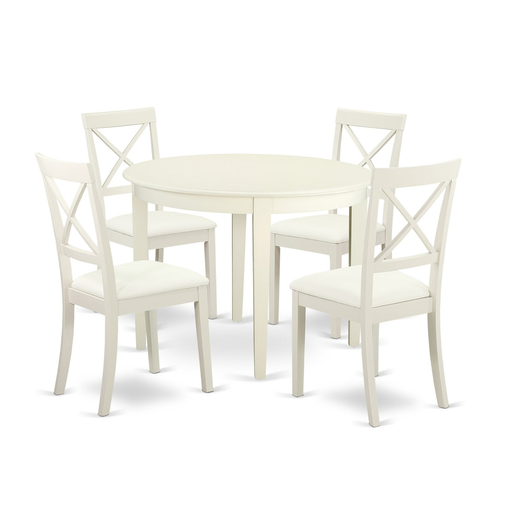 Juego de comedor de 5 piezas East West Furniture BOST5-LWH-LC. Incluye una mesa de comedor redonda y 4 sillas de comedor de cocina de cuero sintético.