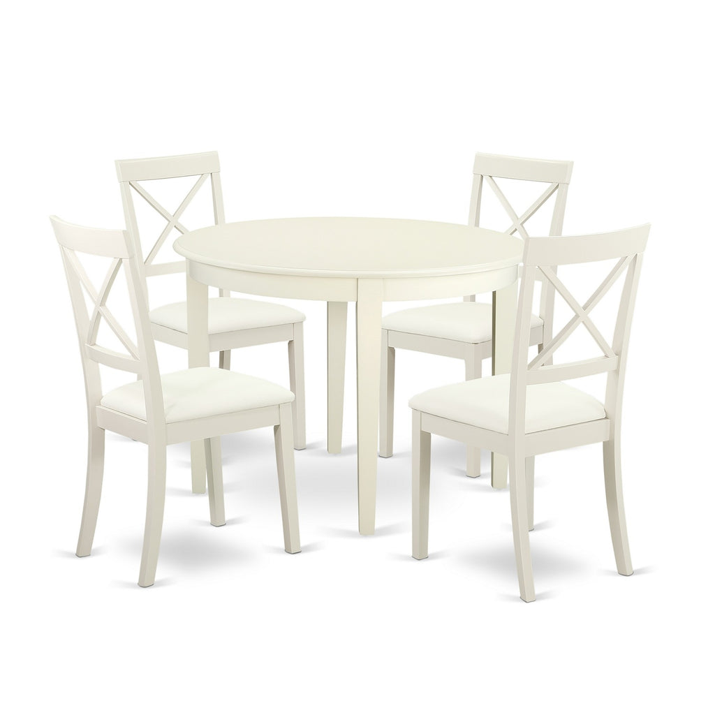 East West Furniture BOST5-LWH-LC 5 Piece Dining Set Includes a Round Dinner Table and 4 Faux Leather Kitchen Dining Chairs, 42x42 Inch, Linen White