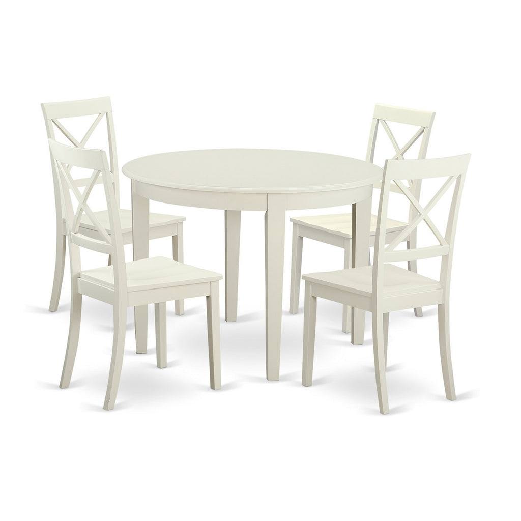 Juego de mesa de comedor moderna de 5 piezas East West Furniture BOST5-WHI-W Incluye una mesa de cocina redonda y 4 sillas de comedor de cocina