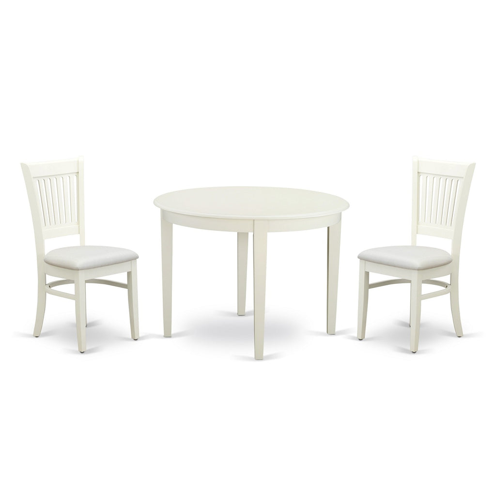 East West Furniture BOVA3-LWH-C 3 Piece Dining Room Furniture Set Contains a Round Dining Table and 2 Linen Fabric Upholstered Chairs