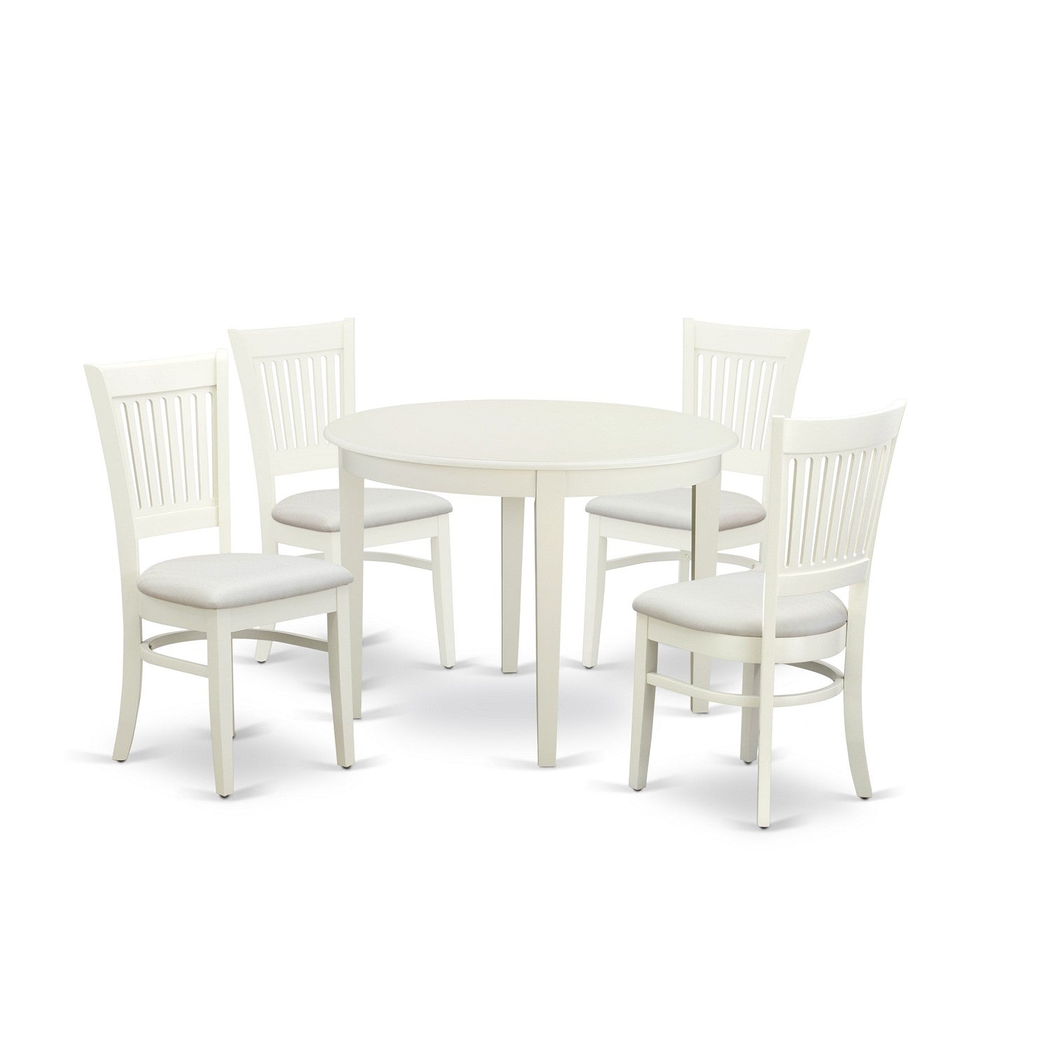 Juego de comedor de 5 piezas East West Furniture BOVA5-LWH-C para 4 personas. Incluye una mesa de cocina redonda y 4 sillas de comedor tapizadas en tela de lino.