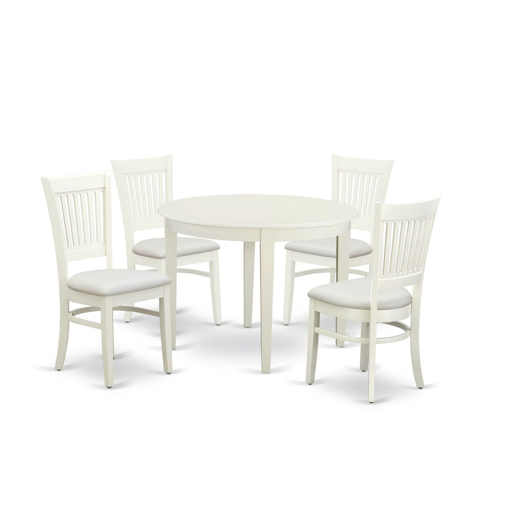 East West Furniture BOVA5-LWH-C 5 Piece Dinette Set for 4 Includes a Round Kitchen Table and 4 Linen Fabric Upholstered Dining Chairs, 42x42 Inch, Linen White