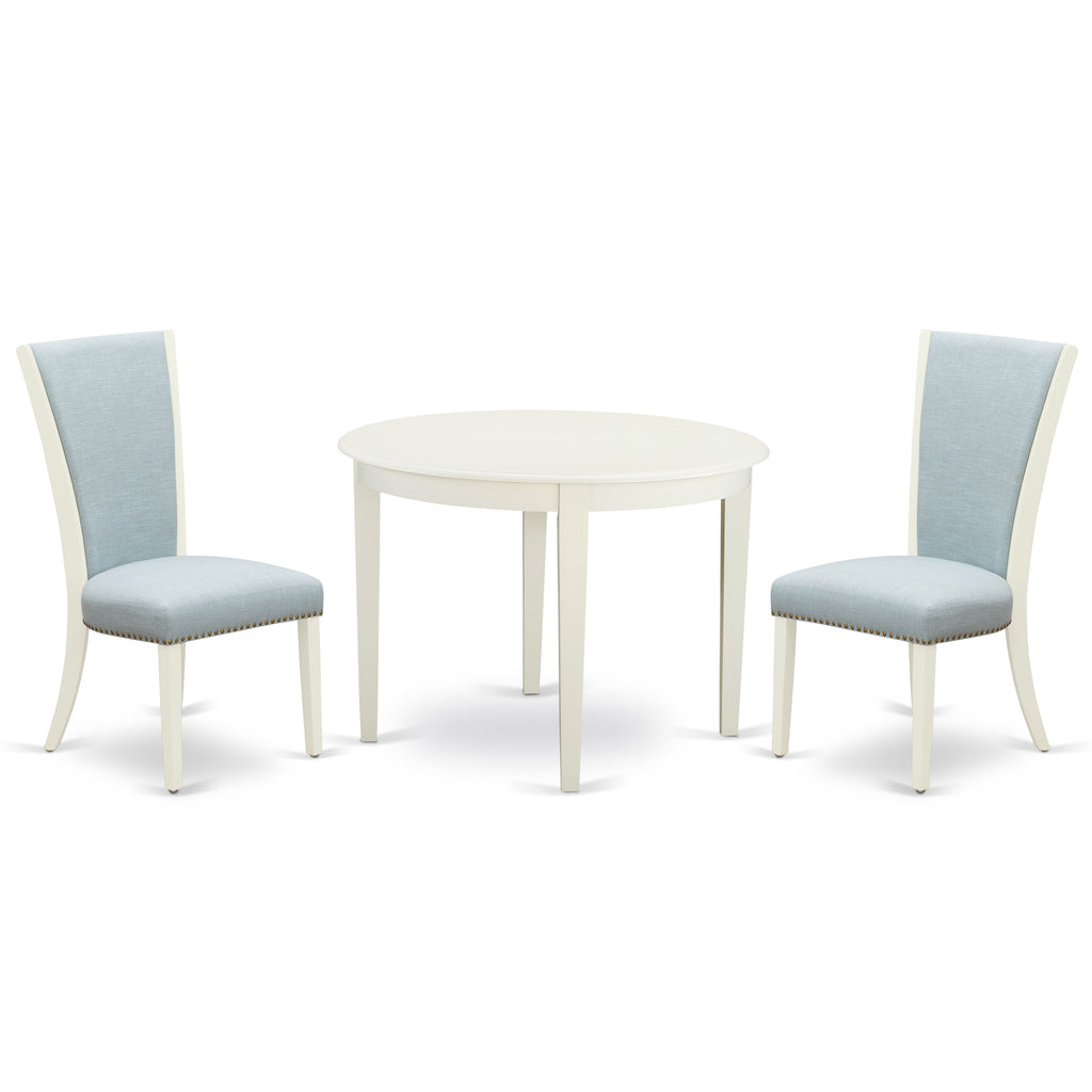 East West Furniture BOVE3-WHI-15 - Un juego de mesa de comedor de 2 increíbles sillas parson con tela de lino color azul bebé y una hermosa mesa de comedor redonda de madera con color blanco lino