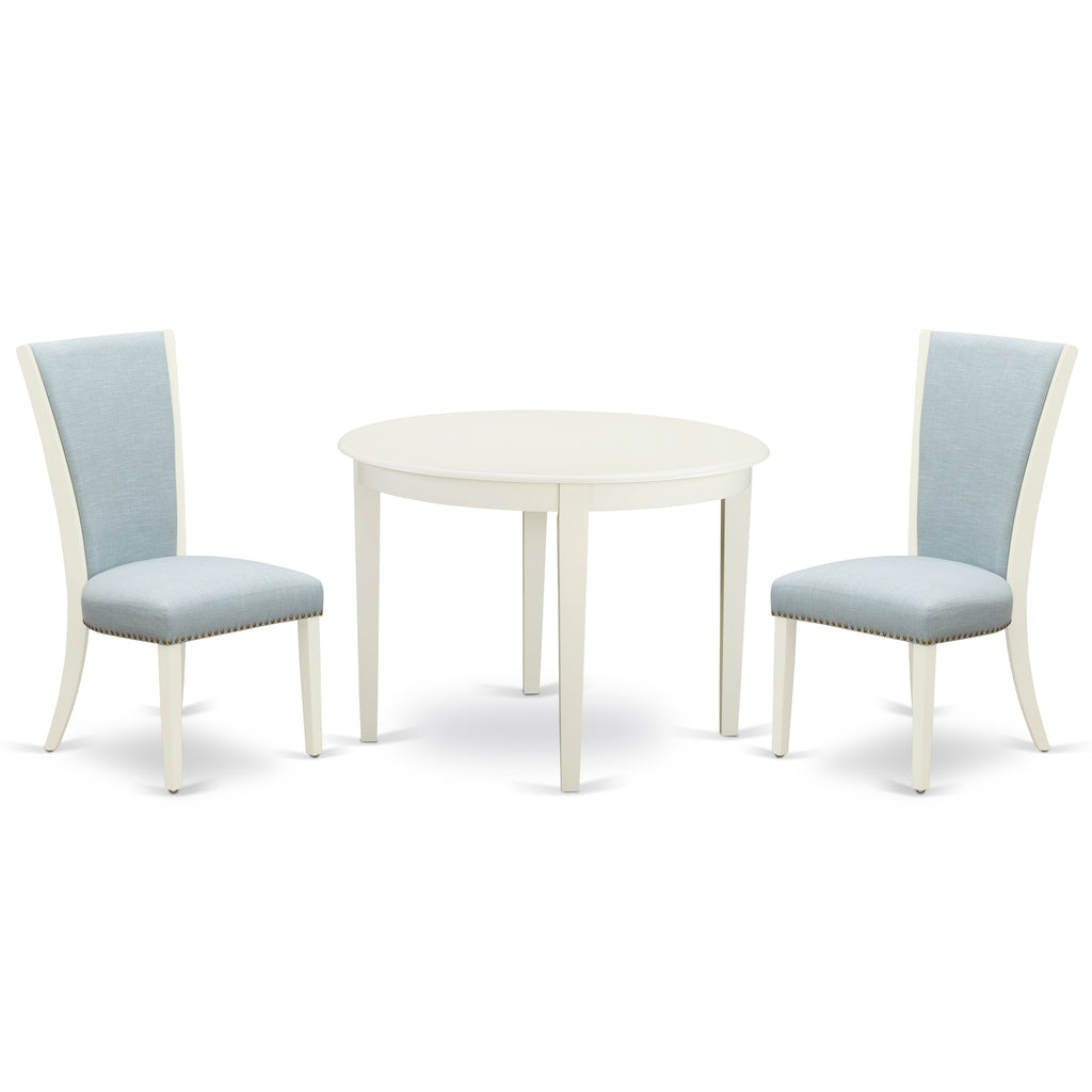 East West Furniture BOVE3-WHI-15 - A dining room table set of 2 amazing parson chairs with Linen Fabric Baby Blue color and a beautiful round wooden dining table with Linen White color