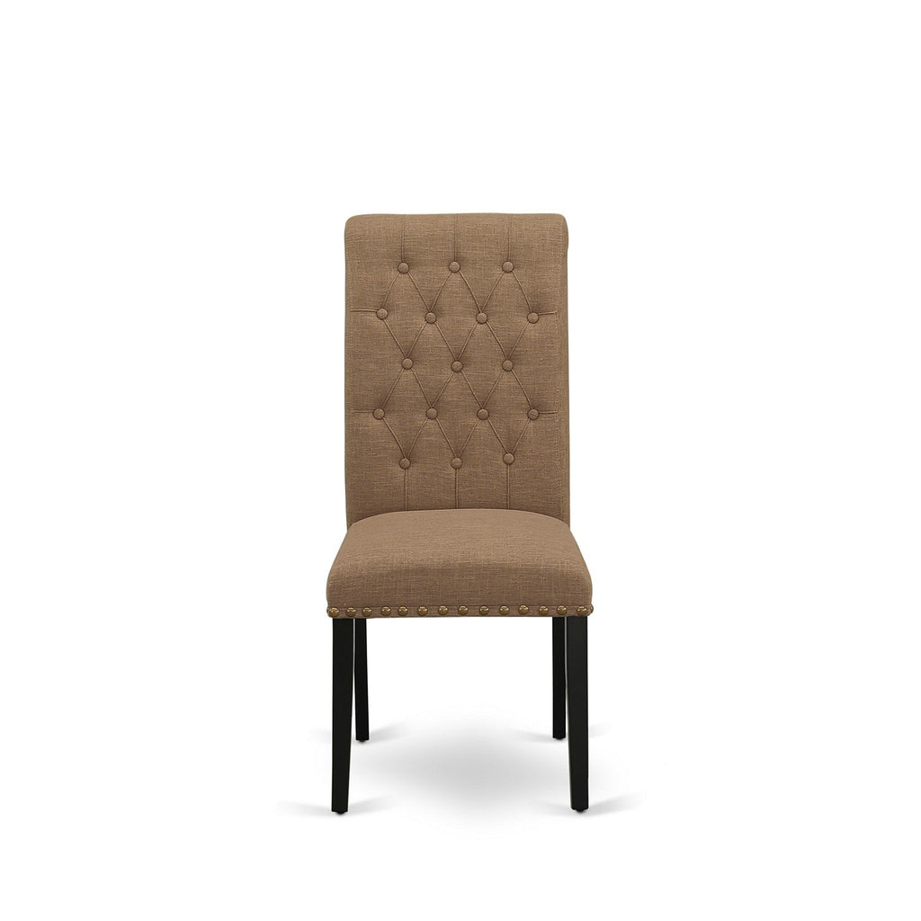 Juego de comedor de 5 piezas East West Furniture LGBR5-BLK-17. Incluye una mesa de comedor rectangular con diseño de hojas de mariposa y 4 sillas tapizadas en tela de lino color sable claro.