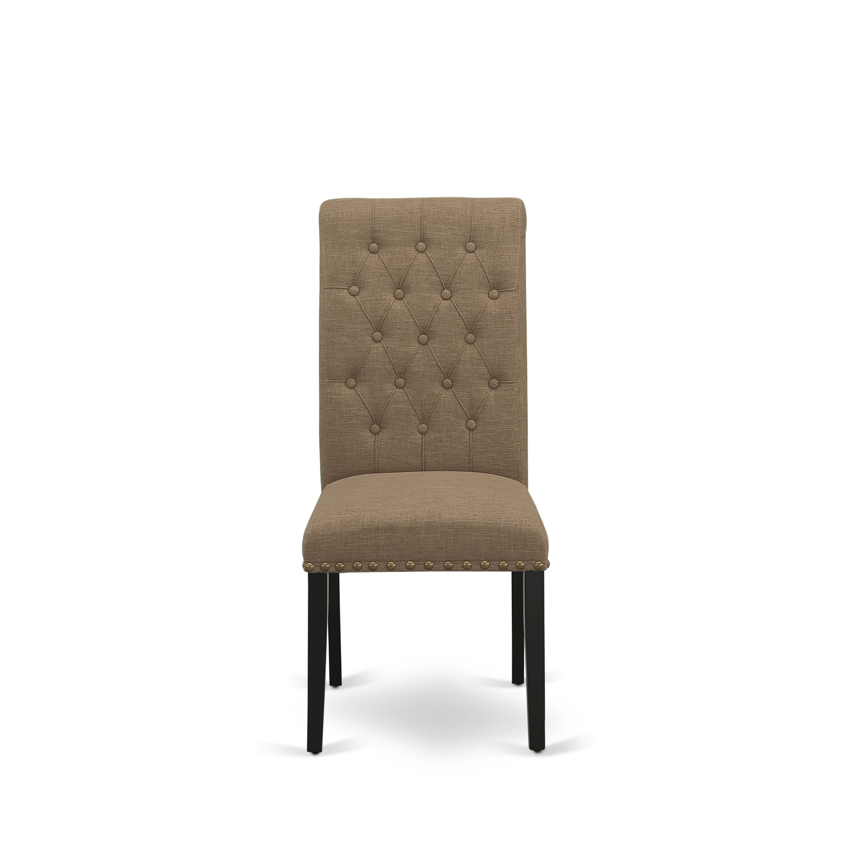 East West Furniture AMBR3-BCH-17 3-Pc Modern Dining Set Includes a Wooden Dinner Table and 2 Light Sable Linen Fabric Upholstered Dining Chairs with Button Tufted Back - Black Finish