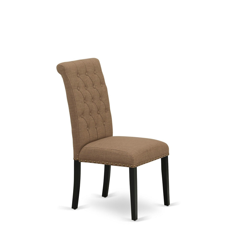 Juego de comedor de 5 piezas East West Furniture LGBR5-BLK-17. Incluye una mesa de comedor rectangular con diseño de hojas de mariposa y 4 sillas tapizadas en tela de lino color sable claro.