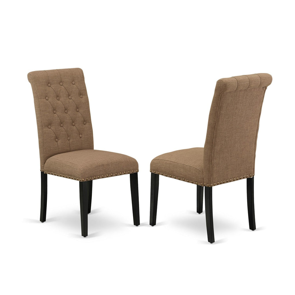 Juego de comedor de 5 piezas East West Furniture LGBR5-BLK-17. Incluye una mesa de comedor rectangular con diseño de hojas de mariposa y 4 sillas tapizadas en tela de lino color sable claro.