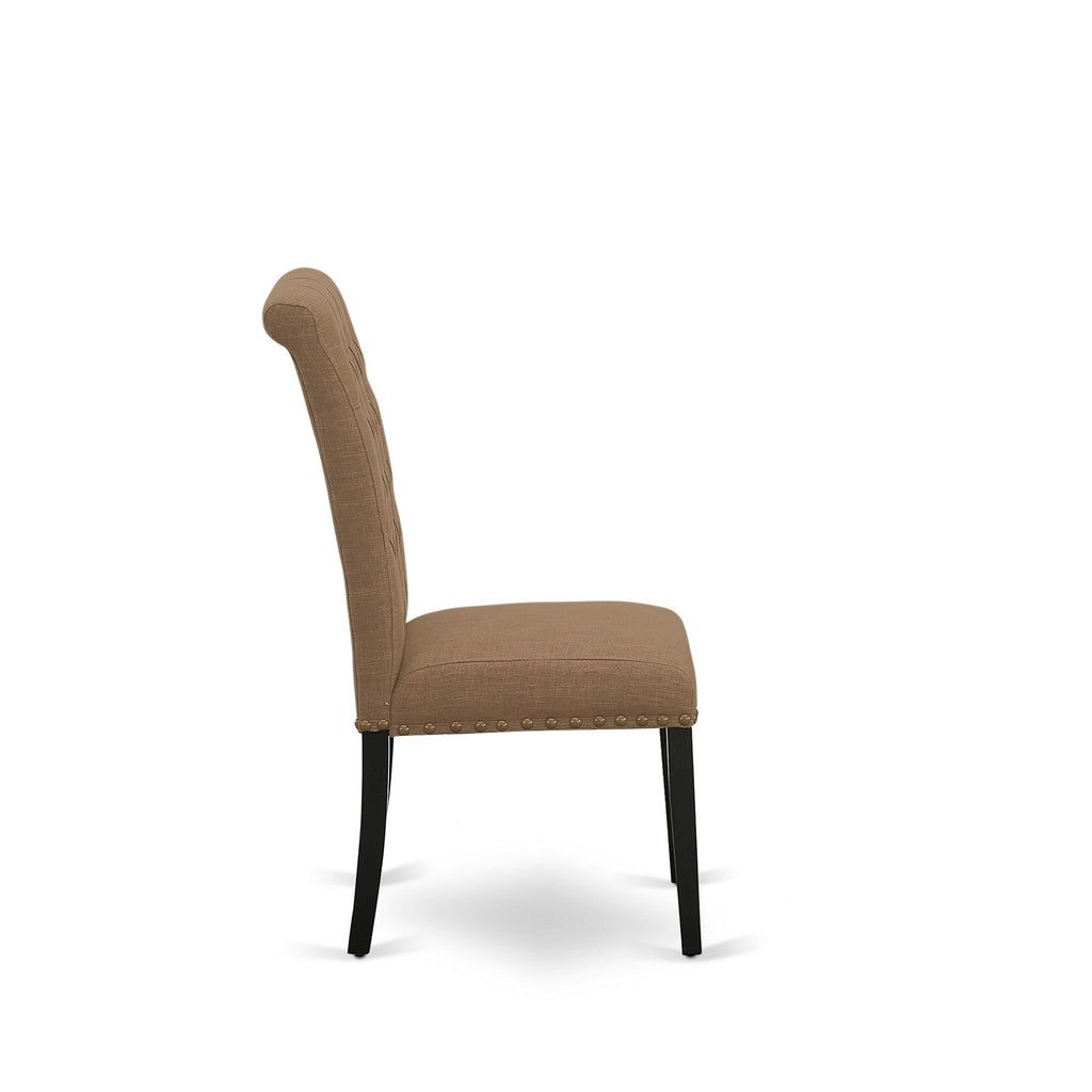 Juego de comedor de 5 piezas East West Furniture LGBR5-BLK-17. Incluye una mesa de comedor rectangular con diseño de hojas de mariposa y 4 sillas tapizadas en tela de lino color sable claro.