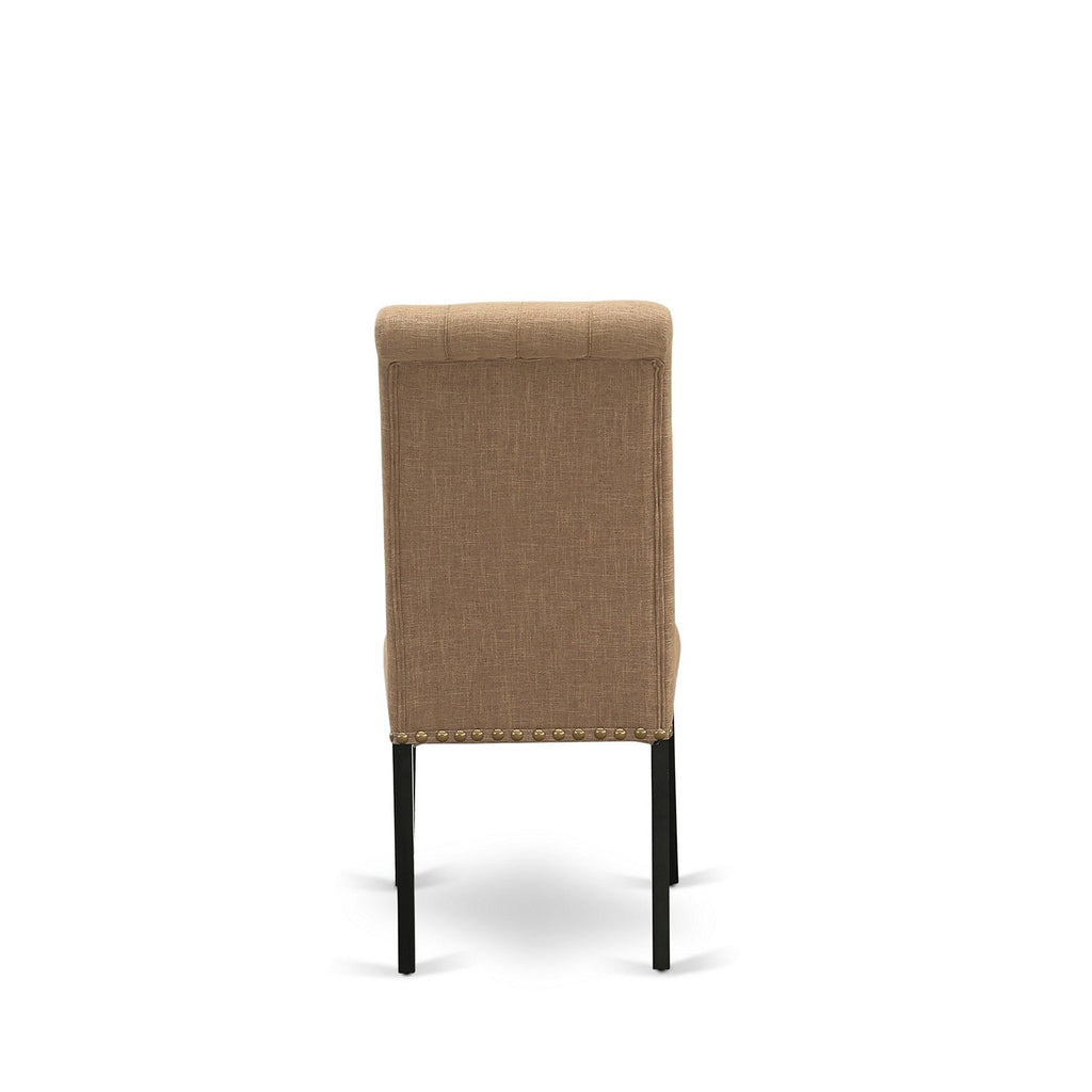Juego de comedor de 7 piezas East West Furniture LABR7-81-17 compuesto por una mesa de comedor rectangular con diseño de hojas de mariposa y 6 sillas Parsons de tela de lino color sable claro.
