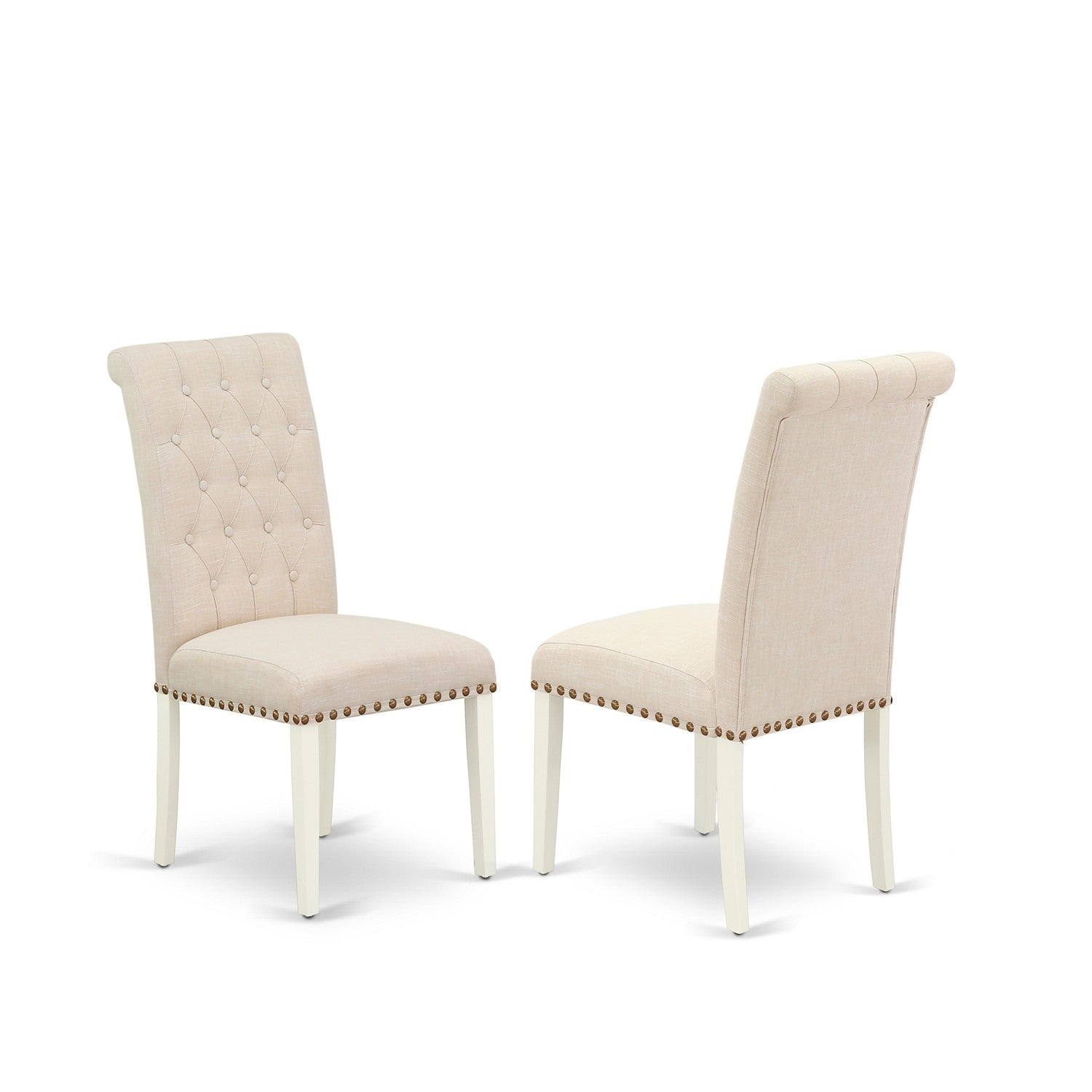 SUBR3-LWH-02 3Pc Dinette Set Includes a Round Dining Table with Drop Leaves and Two Parson Chairs with Light Beige Fabric, Linen White Finish