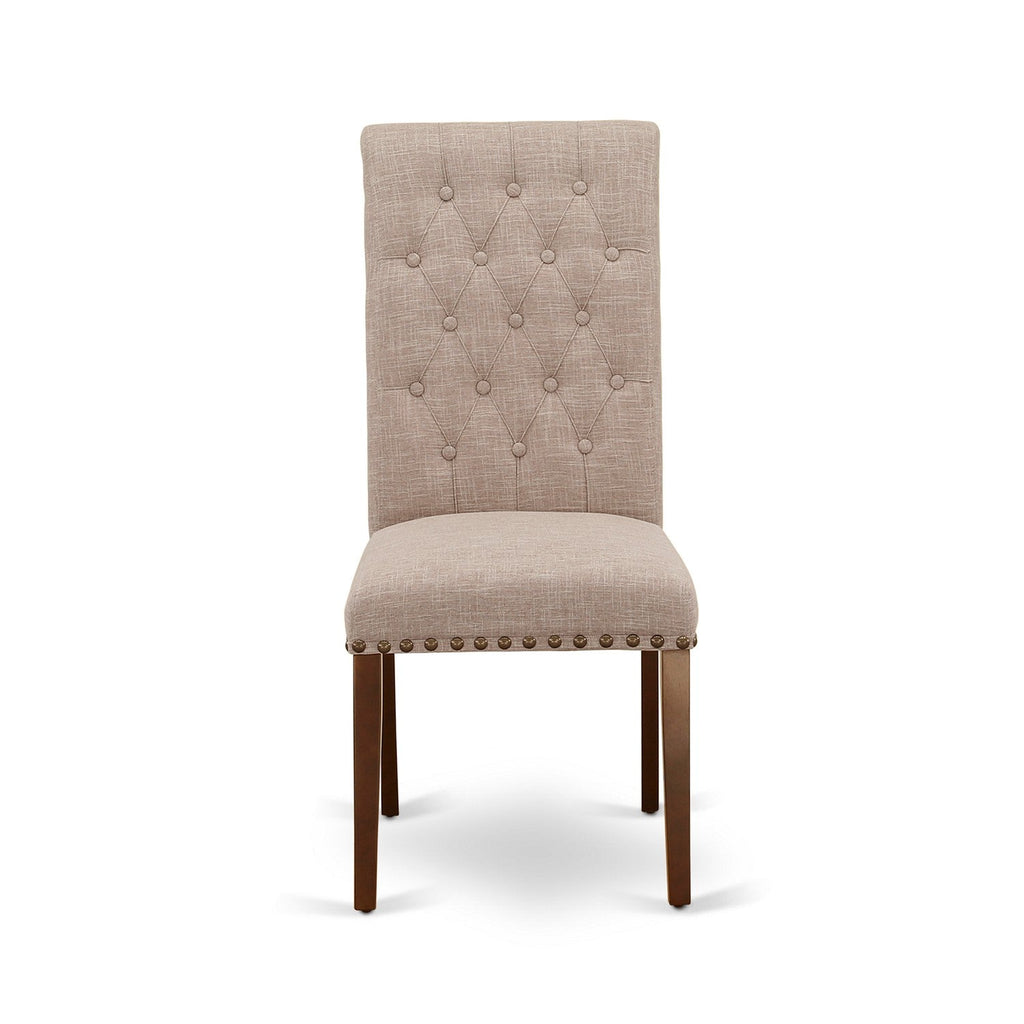 East West Furniture HLBR3-MAH-04 3 Piece Dining Set Contains a Round Dining Room Table with Pedestal and 2 Light Tan Linen Fabric Upholstered Parson Chairs