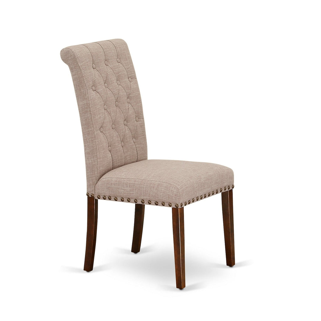 East West Furniture HLBR3-MAH-04 3 Piece Dining Set Contains a Round Dining Room Table with Pedestal and 2 Light Tan Linen Fabric Upholstered Parson Chairs
