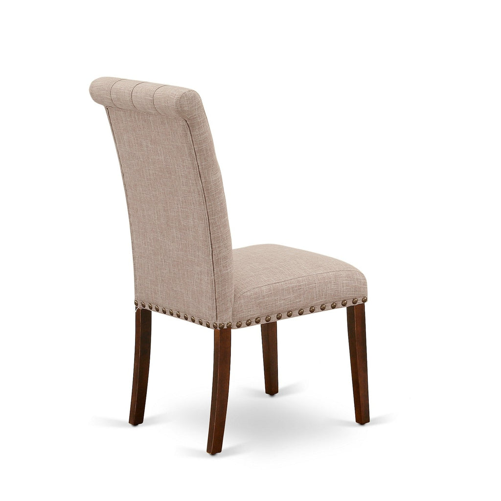 East West Furniture HLBR5-MAH-04 5 Piece Dining Set Includes a Round Dining Room Table with Pedestal and 4 Light Tan Linen Fabric Upholstered Parson Chairs