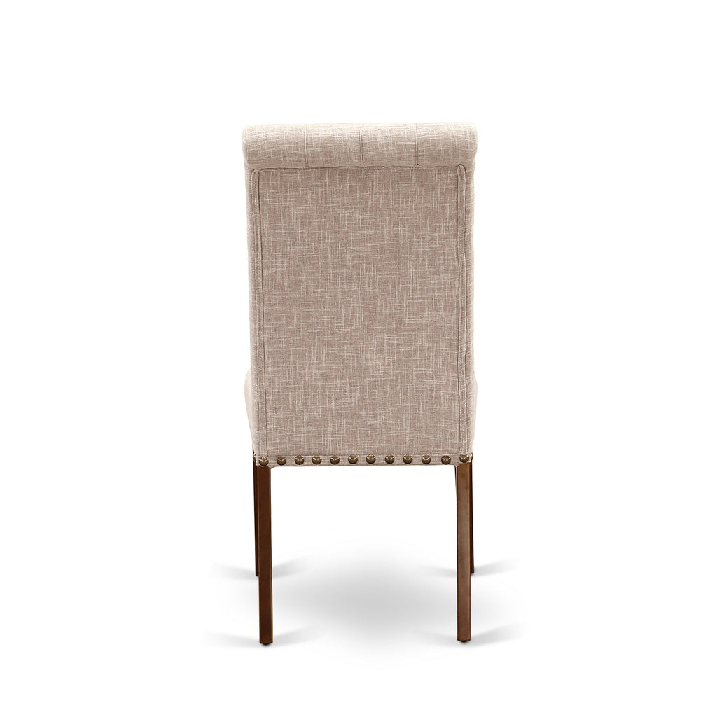 East West Furniture DLBR3-MAH-04 3 Piece Dining Room Furniture Set Contains a Round Dining Table with Dropleaf and 2 Light Tan Linen Fabric Parsons Chairs, 42x42 Inch, Mahogany