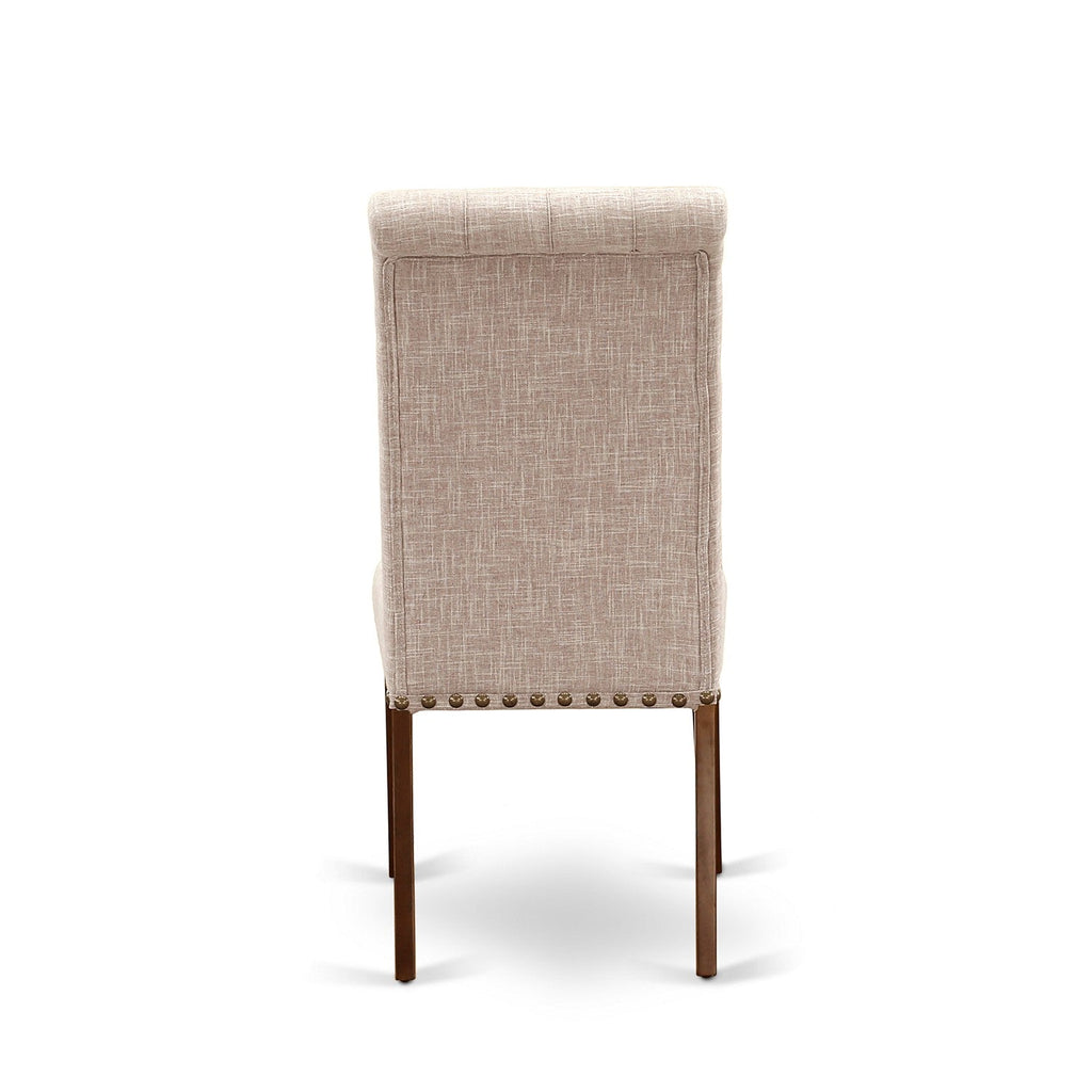 East West Furniture HLBR3-MAH-04 3 Piece Dining Set Contains a Round Dining Room Table with Pedestal and 2 Light Tan Linen Fabric Upholstered Parson Chairs