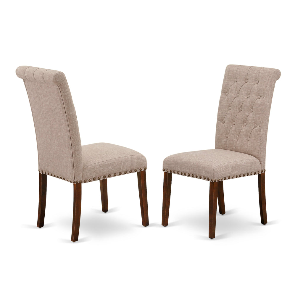 East West Furniture NDBR3-MAH-04 3 Piece Dining Room Furniture Set Contains a Rectangle Dining Table with Dropleaf and 2 Light Tan Linen Fabric Upholstered Chairs