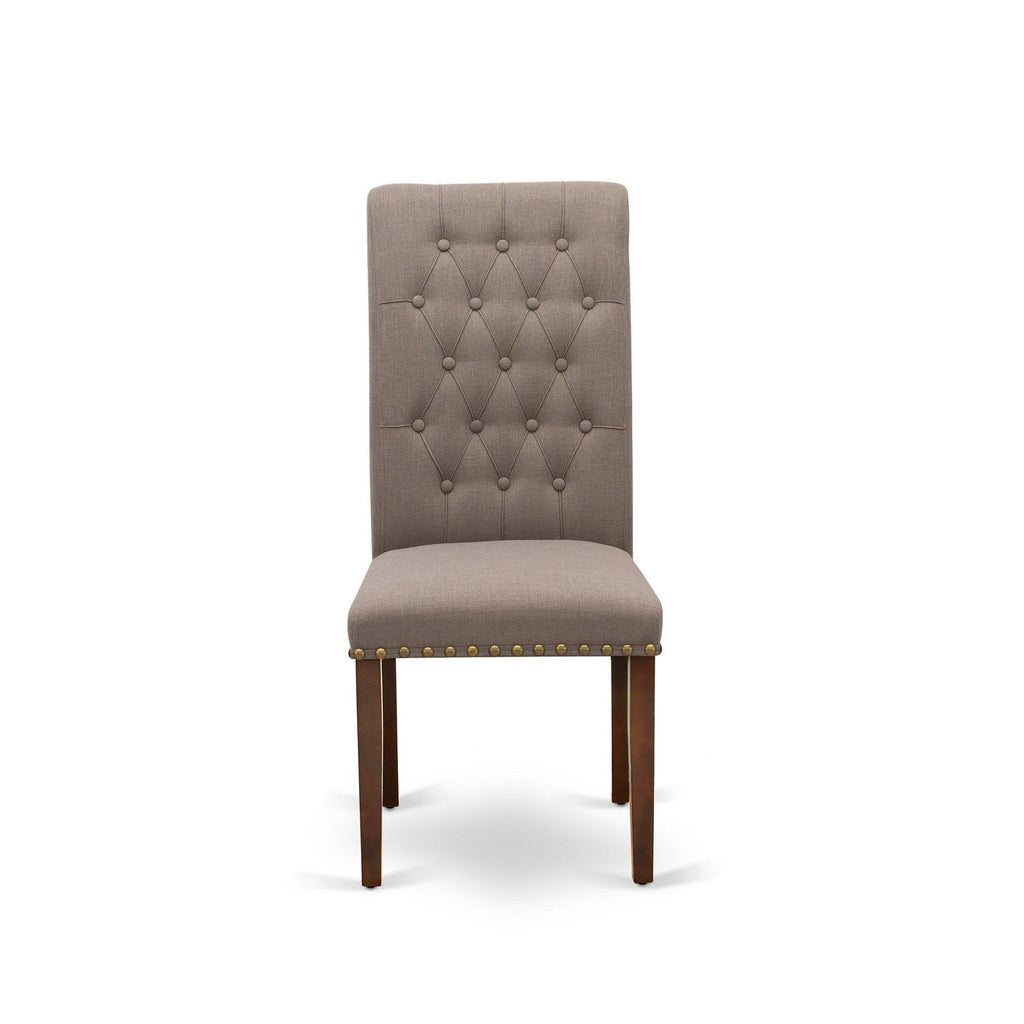 East West Furniture BRP3T18 Bremond Parson Kitchen Chairs - Button Tufted Nailhead Trim Brown Linen Linen Fabric Padded Dining Chairs