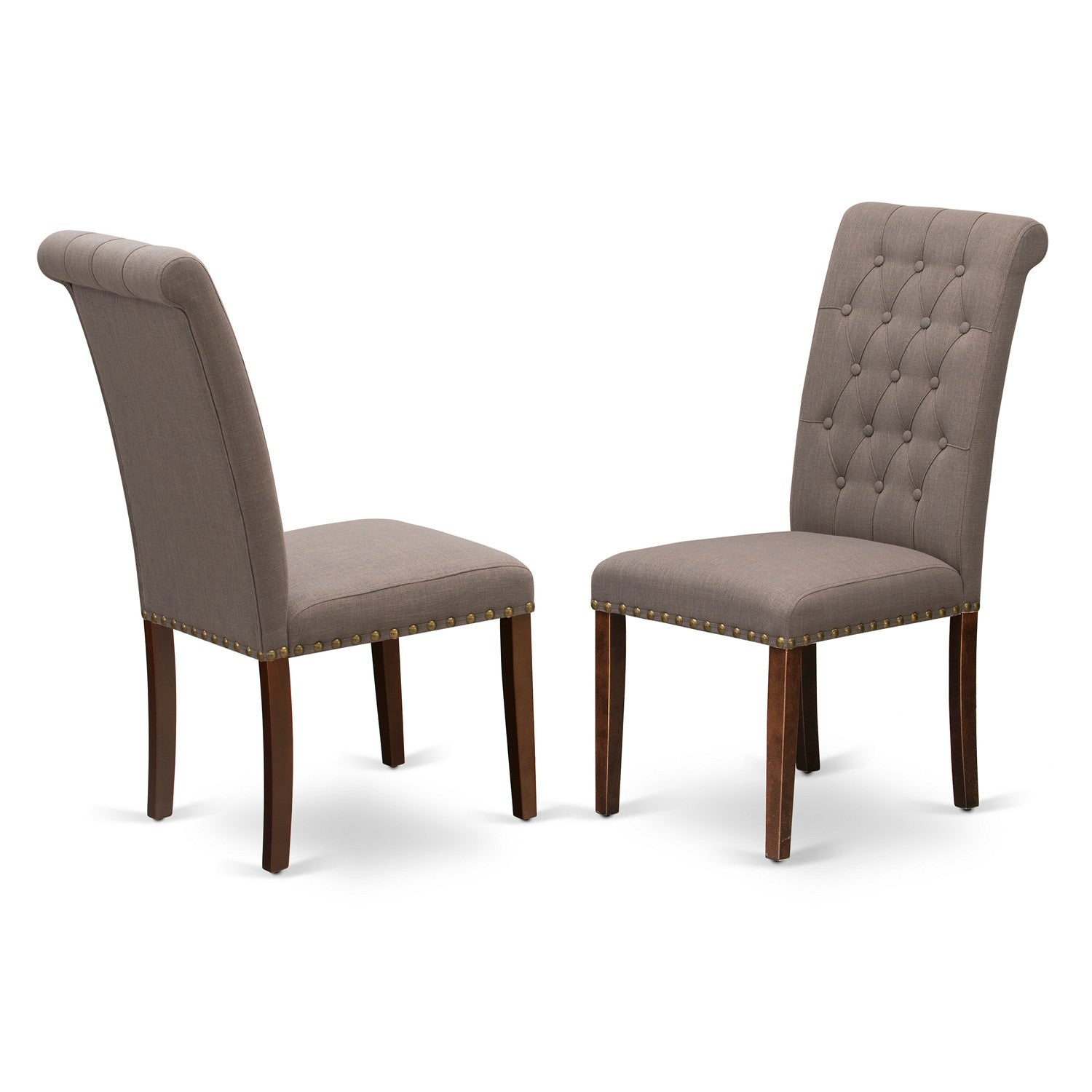 East West Furniture BRP3T18 Bremond Dining Chairs - Dark Coffee Color Linen Fabric, Wooden Mahogany Finish Legs Modern Dining Room Chairs - Set of 2 - Set of 2