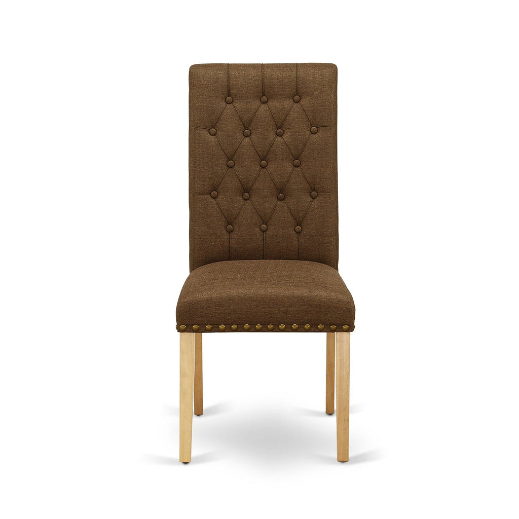 Juego de mesa y sillas de cocina de 3 piezas ESBR3-OAK-18 de East West Furniture. Incluye una mesa de comedor redonda con pedestal y dos sillas Parsons de tela de lino marrón.
