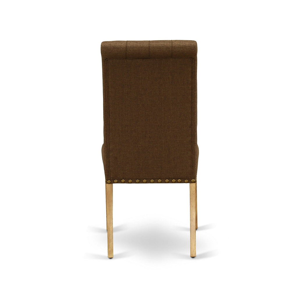 Juego de mesa y sillas de cocina de 3 piezas ESBR3-OAK-18 de East West Furniture. Incluye una mesa de comedor redonda con pedestal y dos sillas Parsons de tela de lino marrón.