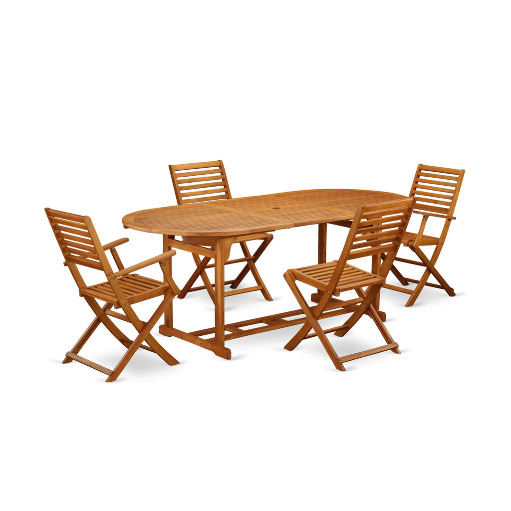 East West Furniture BSBS52CANA 5 Piece Patio Dining Set Includes an Oval Outdoor Acacia Wood Table and 2 Folding Arm Chairs with 2 Side Chairs