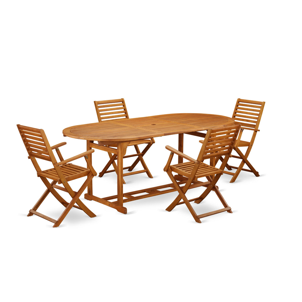 East West Furniture BSBS5CANA 5 Piece Patio Bistro Dining Furniture Set Includes an Oval Outdoor Acacia Wood Table and 4 Folding Arm Chairs