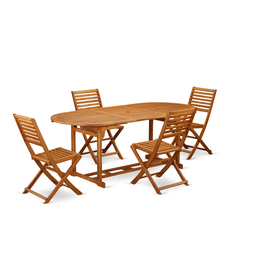 East West Furniture BSBS5CWNA 5 Piece Patio Dining Set Includes an Oval Outdoor Acacia Wood Table and 4 Folding Side Chairs