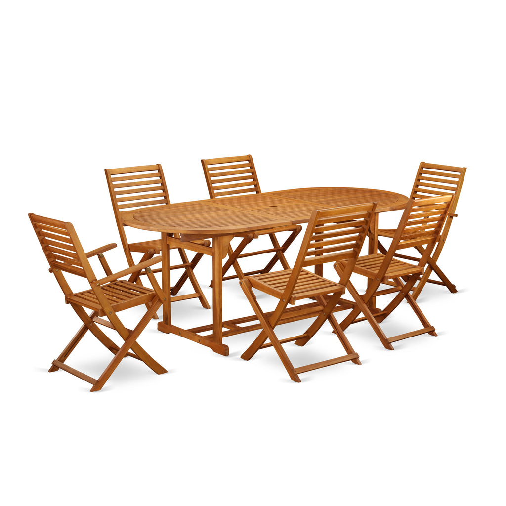 East West Furniture BSBS72CANA 7 Piece Outdoor Patio Dining Sets Consist of an Oval Acacia Wood Table and 2 Folding Arm Chairs with 4 Side Chairs