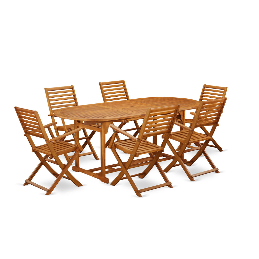 East West Furniture BSBS7CANA 7 Piece Patio Dining Set Consist of an Oval Outdoor Acacia Wood Table and 6 Folding Arm Chairs