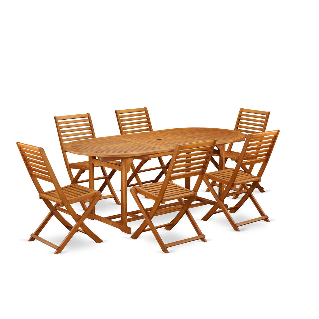 East West Furniture BSBS7CWNA 7 Piece Outdoor Patio Dining Sets Consist of an Oval Acacia Wood Table and 6 Folding Side Chairs, 36x78 Inch, Natural Oil
