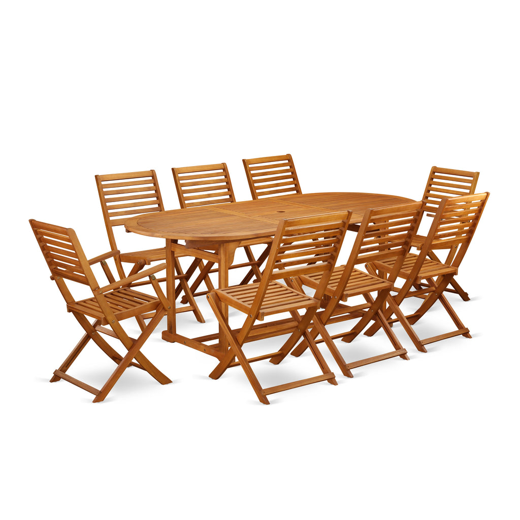 Juego de comedor para patio East West Furniture BSBS92CANA de 9 piezas. Incluye una mesa ovalada de madera de acacia para exteriores y 2 sillas plegables con 6 sillas laterales.