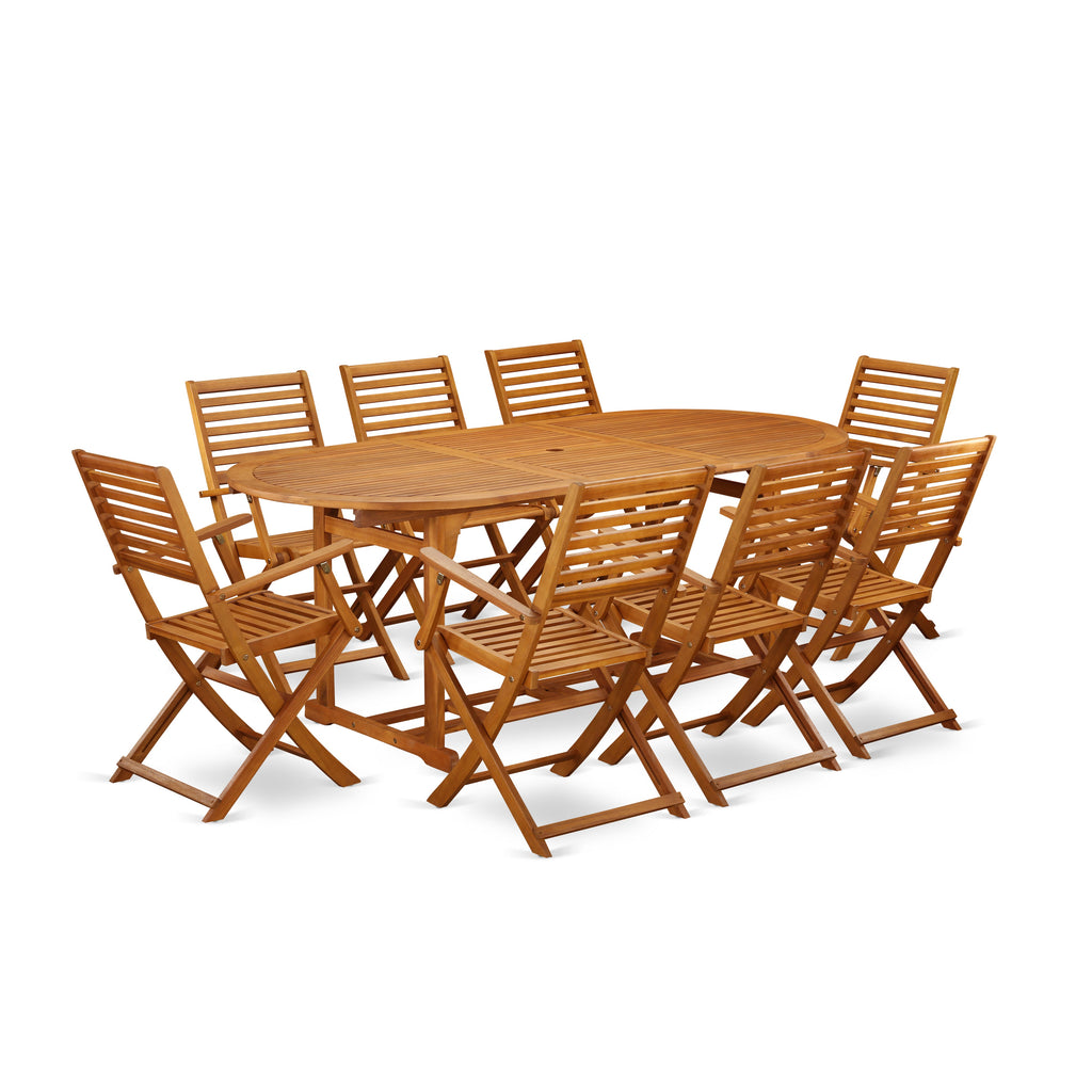 East West Furniture BSBS9CANA 9 Piece Patio Bistro Dining Furniture Set Includes an Oval Outdoor Acacia Wood Table and 8 Folding Arm Chairs