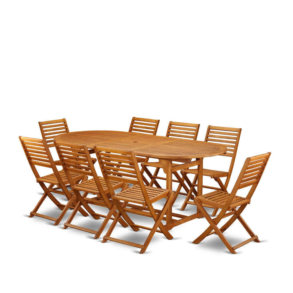 East West Furniture BSBS9CWNA 9 Piece Patio Garden Table Set Includes an Oval Outdoor Acacia Wood Dining Table and 8 Folding Side Chairs, 36x78 Inch, Natural Oil