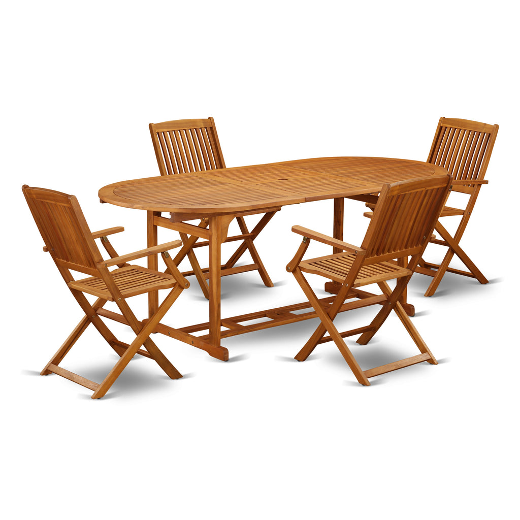 East West Furniture BSCM5CANA 5 Piece Patio Bistro Dining Furniture Set Includes an Oval Outdoor Acacia Wood Table and 4 Folding Arm Chairs, 36x78 Inch, Natural Oil