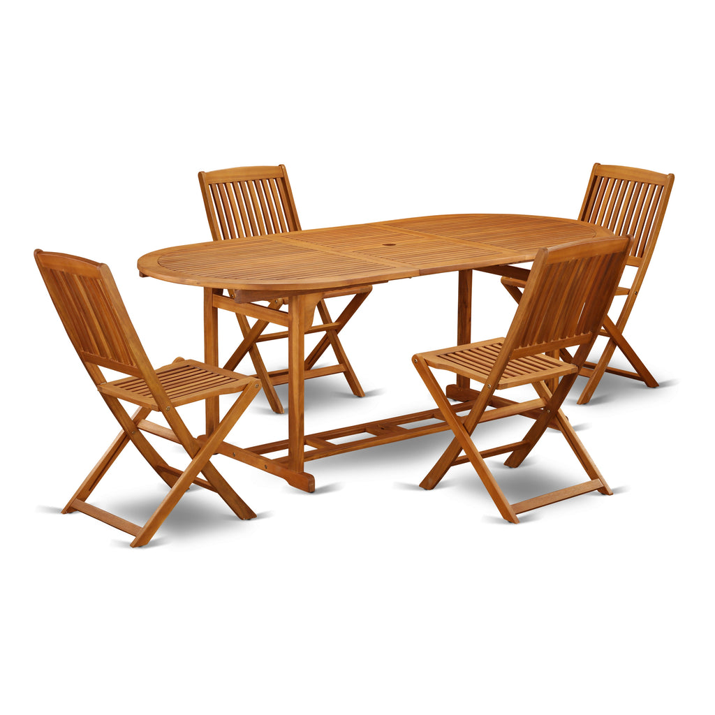 East West Furniture BSCM5CWNA 5 Piece Outdoor Patio Dining Sets Includes an Oval Acacia Wood Table and 4 Folding Side Chairs