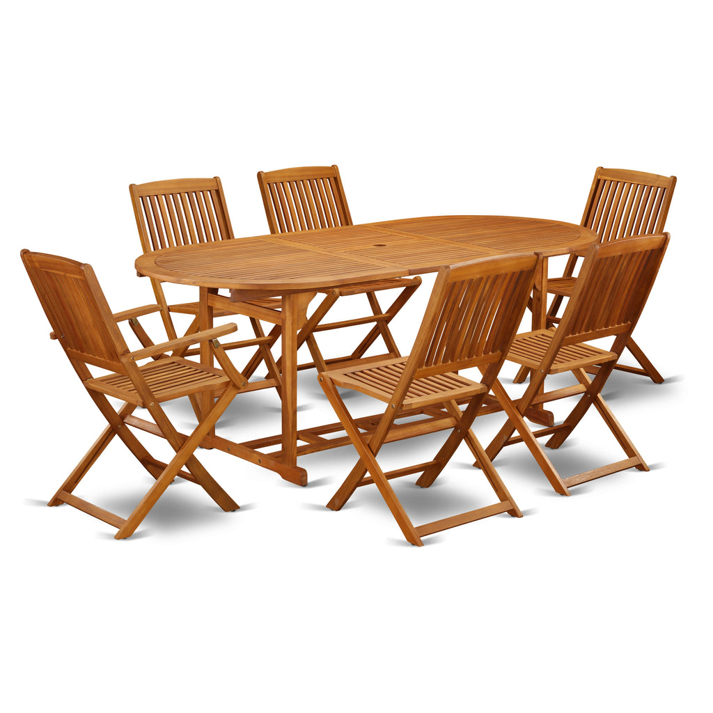 East West Furniture BSCM72CANA 7 Piece Patio Dining Set Consist of an Oval Outdoor Acacia Wood Table and 2 Folding Arm Chairs with 4 Side Chairs